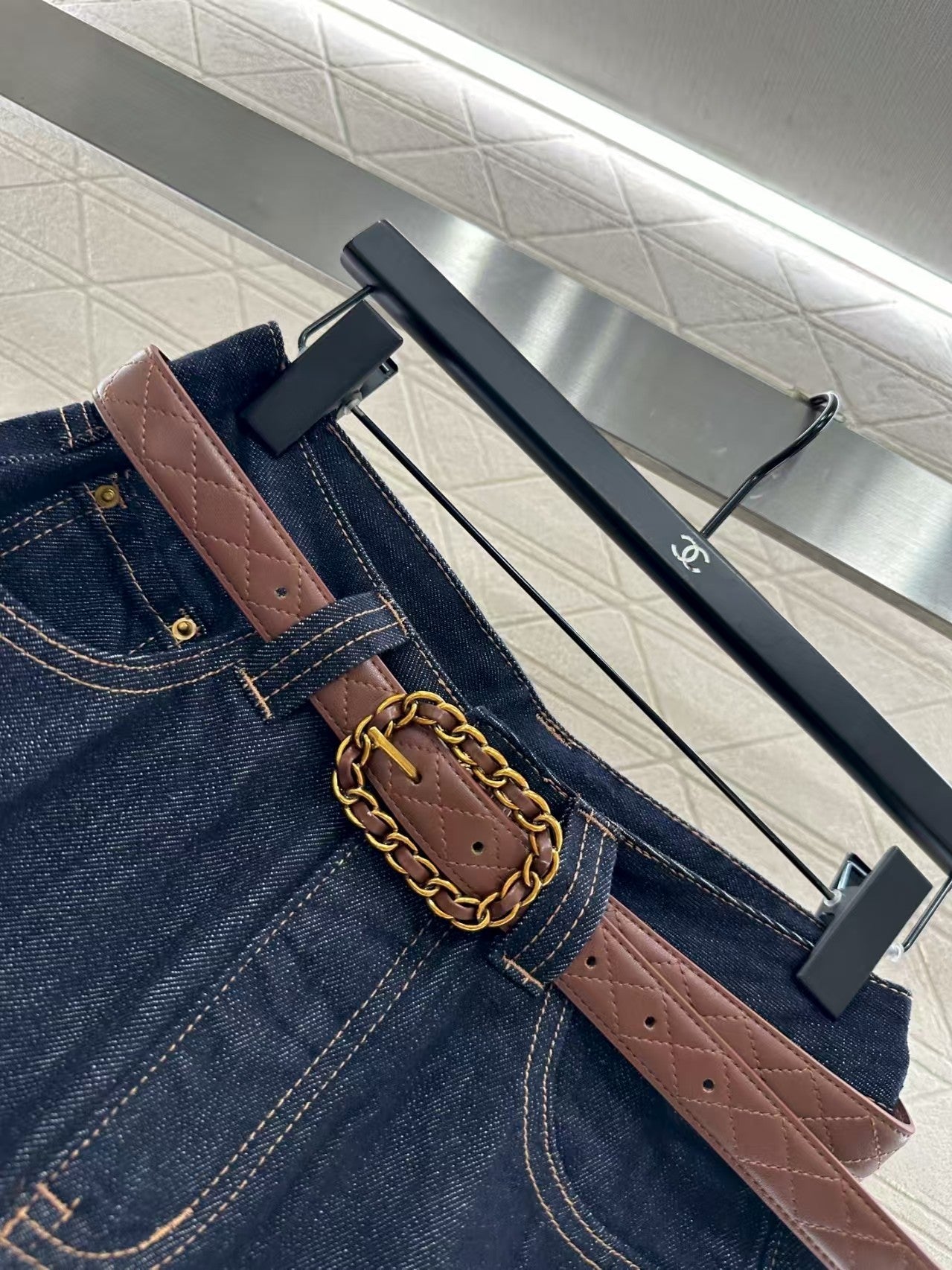 New belted straight-leg denim trousers