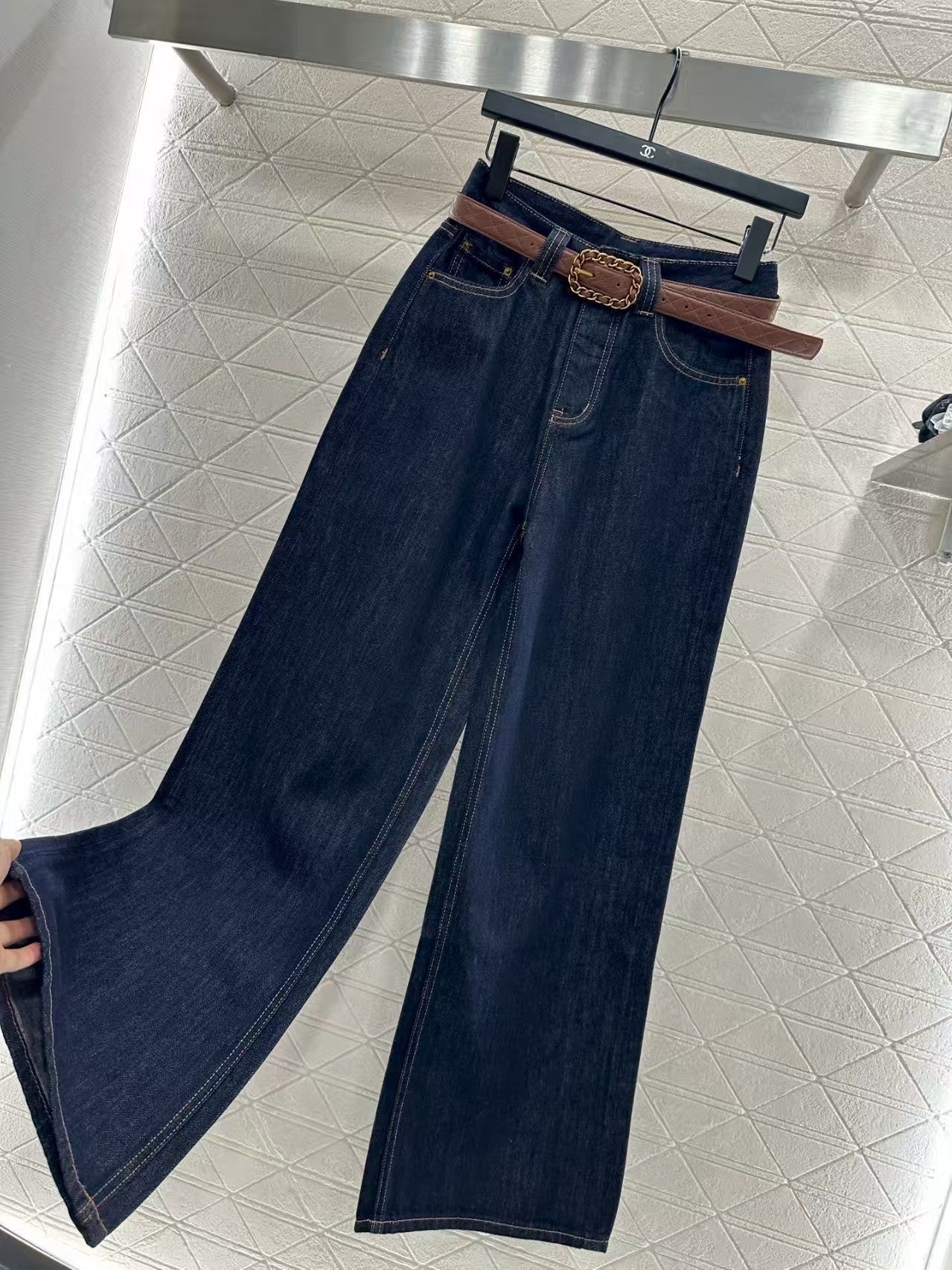 New belted straight-leg denim trousers