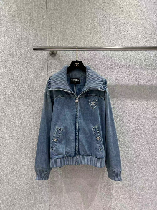 New Heart Embroidered Lapel Denim Jacket