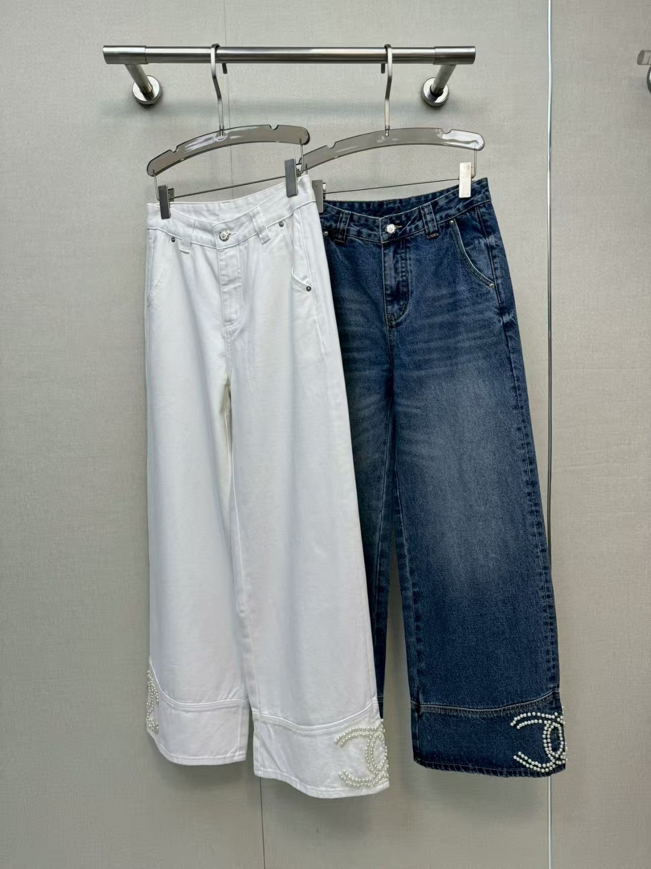 Jeans with handmade pearl embellishments