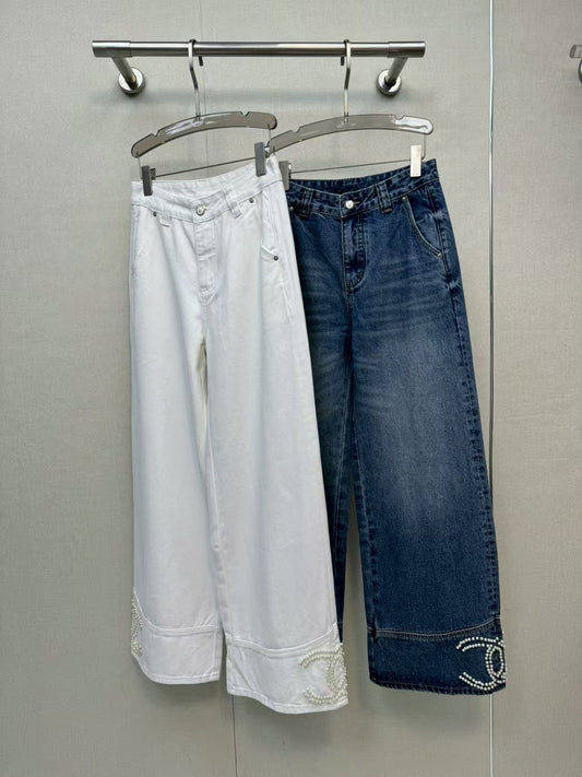 Jeans with handmade pearl embellishments