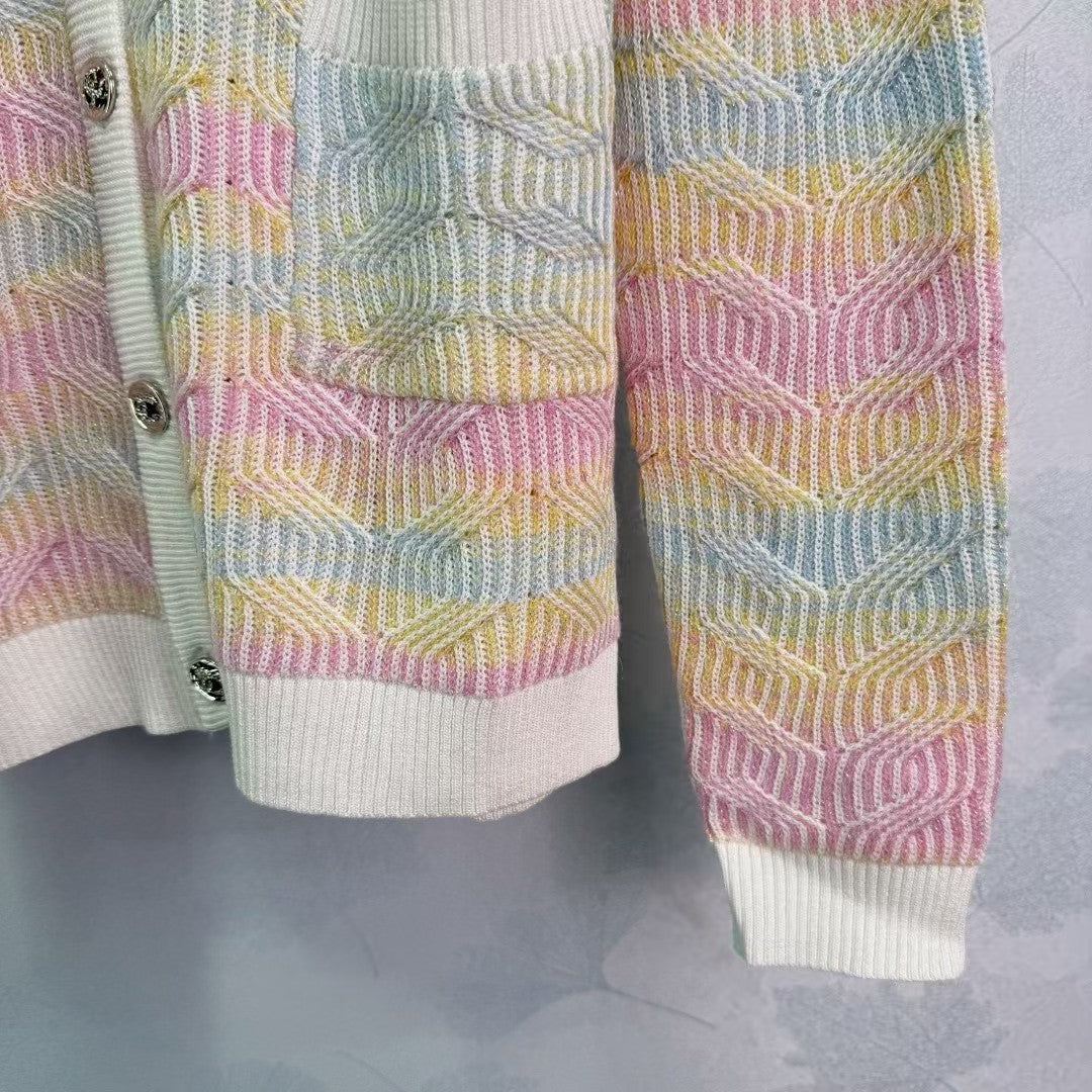 2025 Early Autumn New Color Striped Crochet V-Neck Cardigan