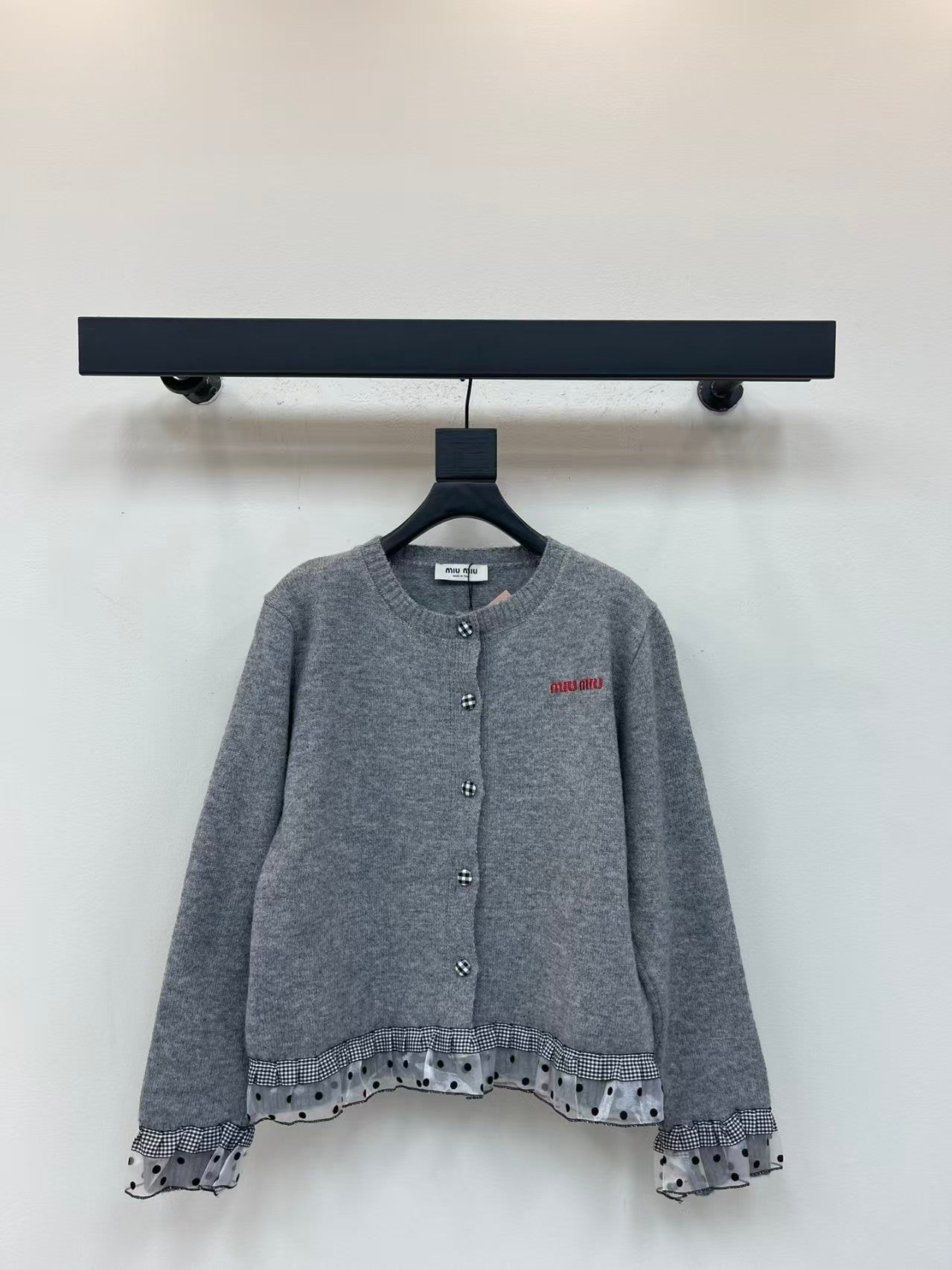 Polka dot lace trim knitted cardigan