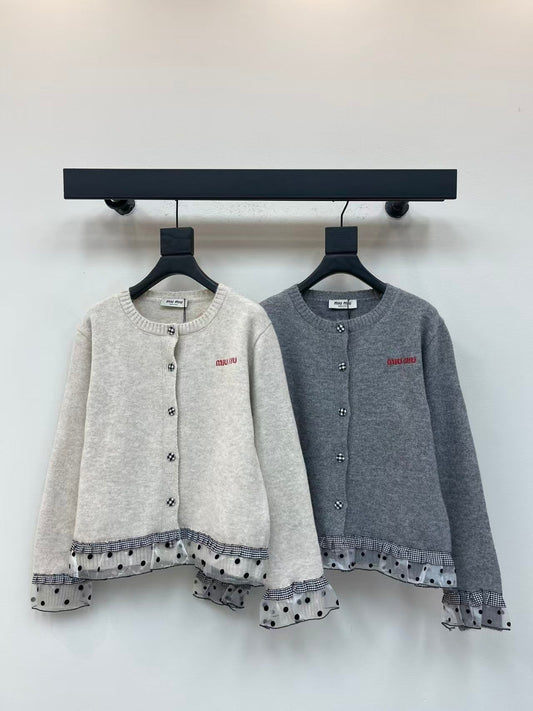 Polka dot lace trim knitted cardigan