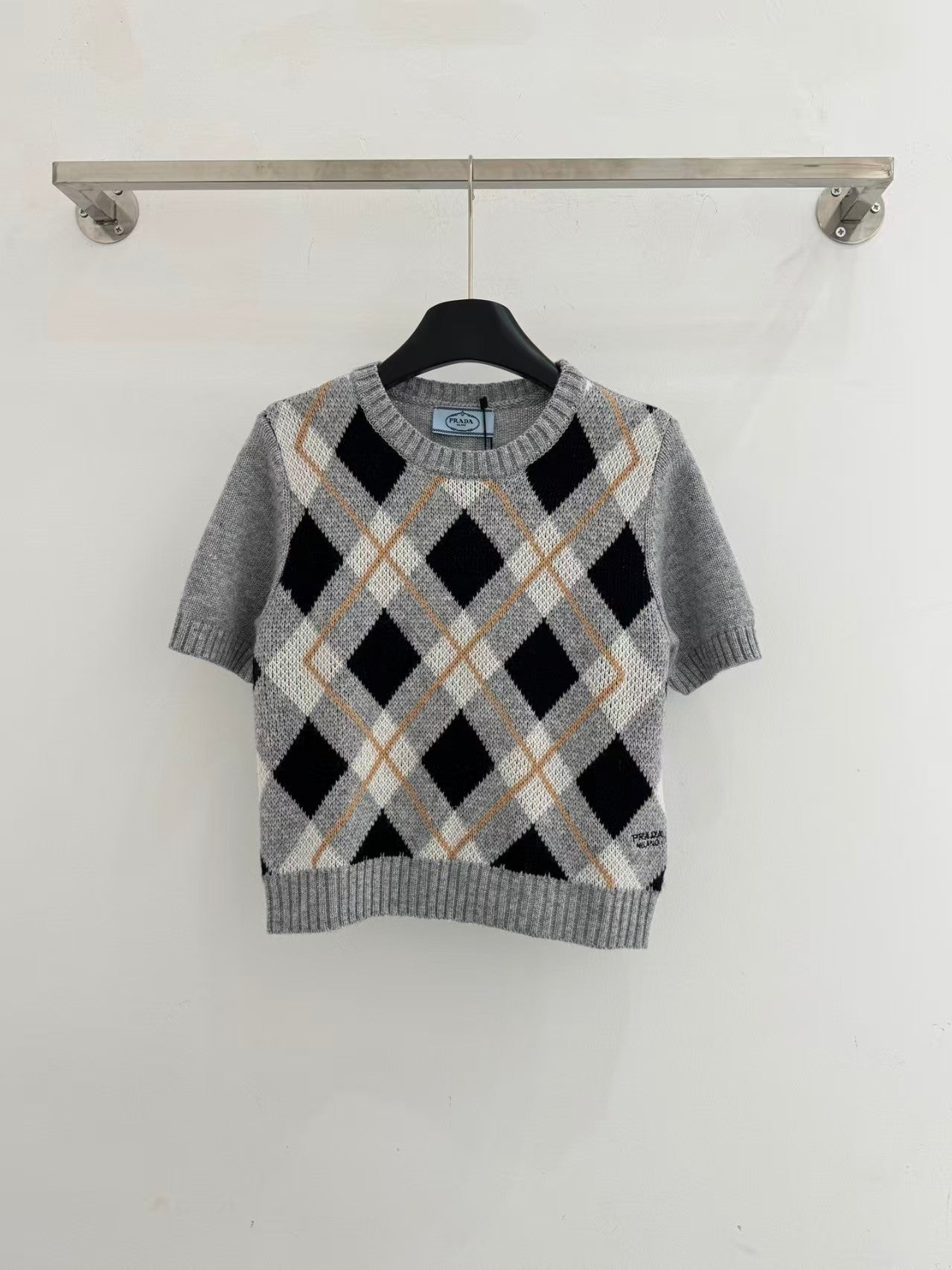 Retro ribbed check knit short sleeves