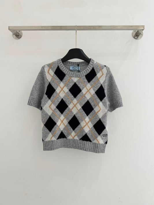 Retro ribbed check knit short sleeves