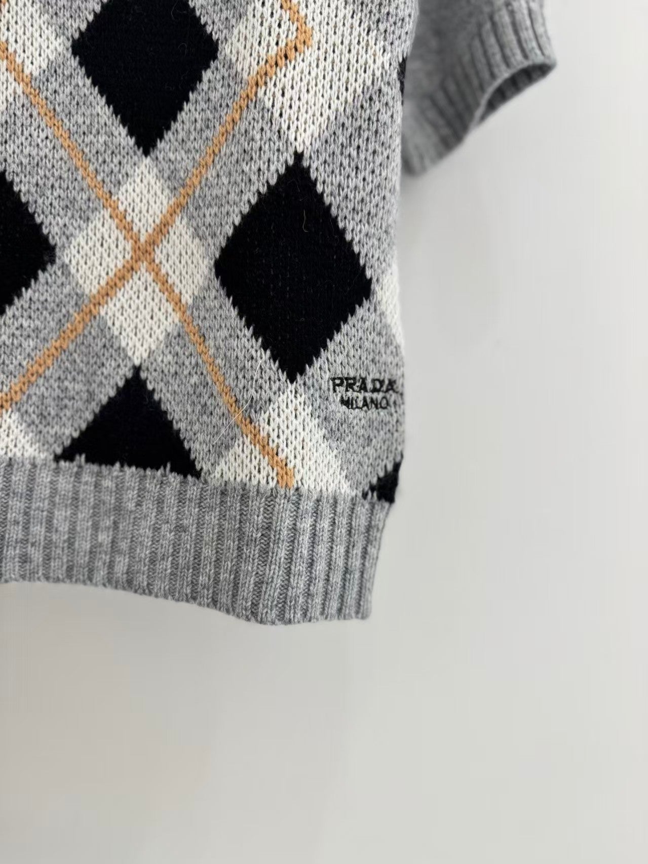 Retro ribbed check knit short sleeves