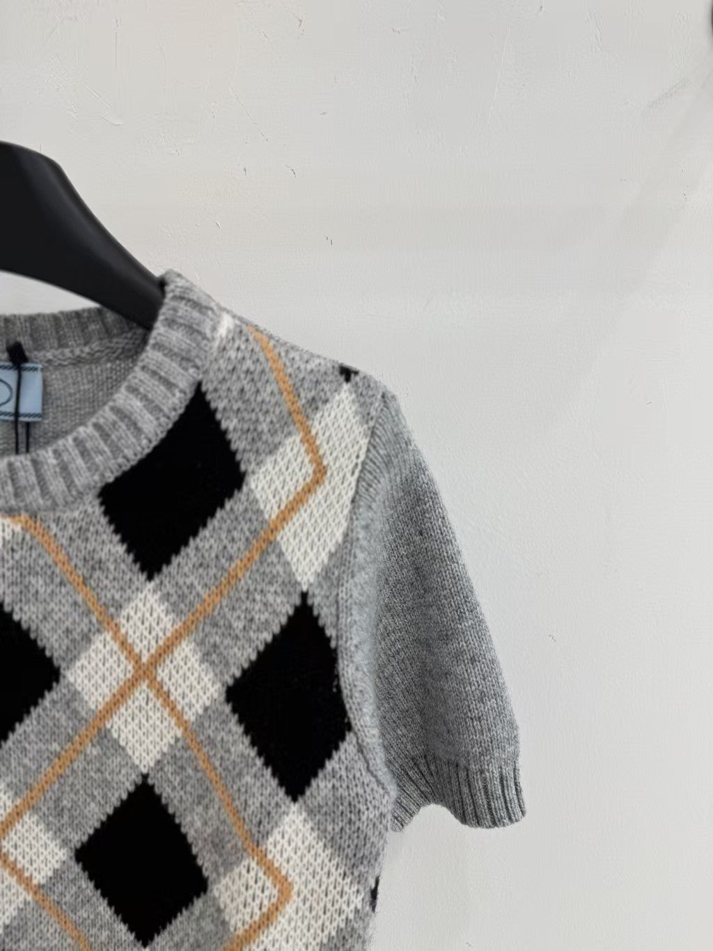 Retro ribbed check knit short sleeves