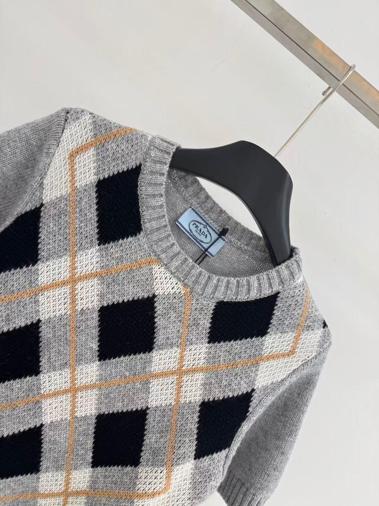 Retro ribbed check knit short sleeves