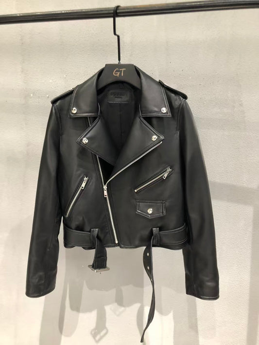 Short sheepskin motorcycle jacket