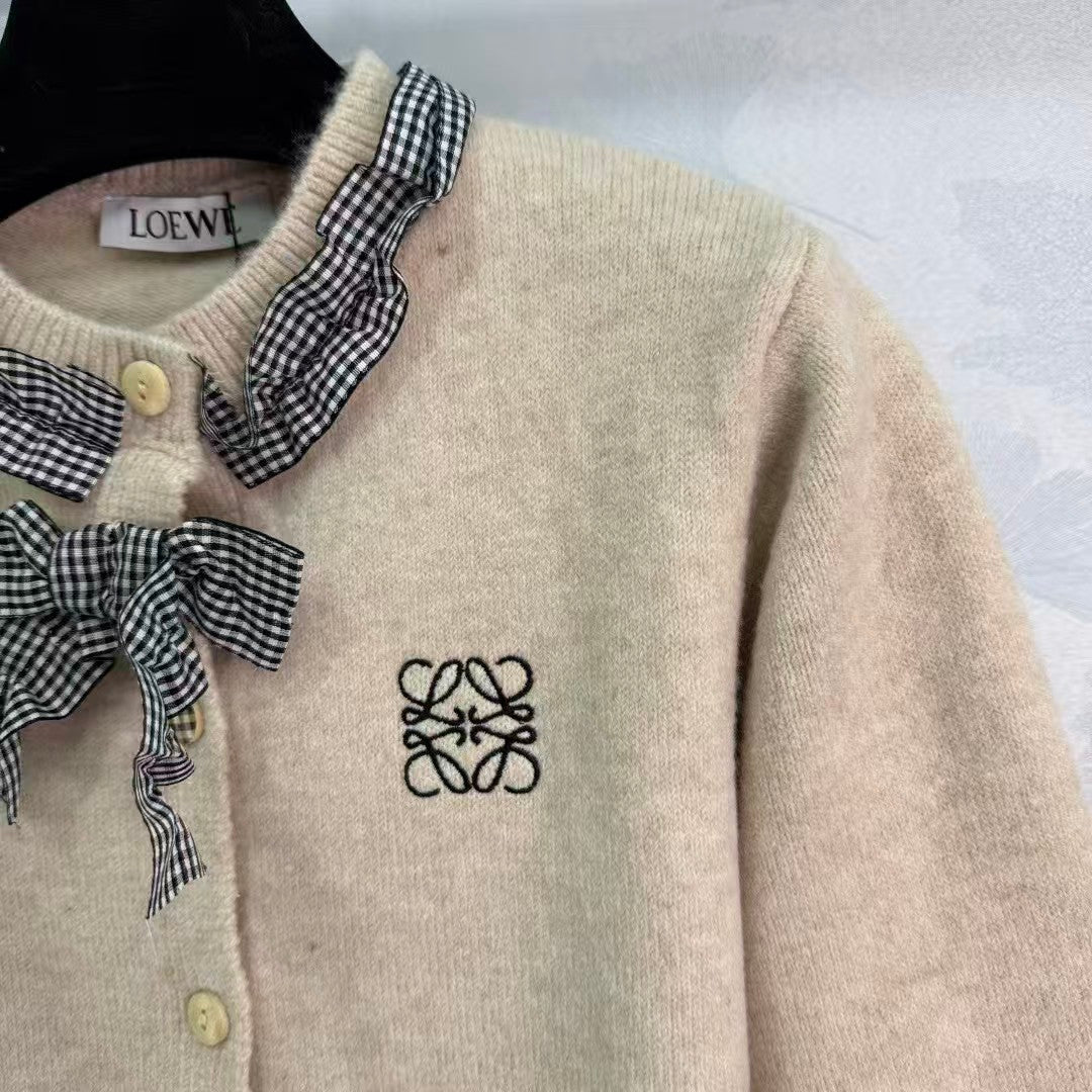 New Plaid Bow Knitted Cardigan