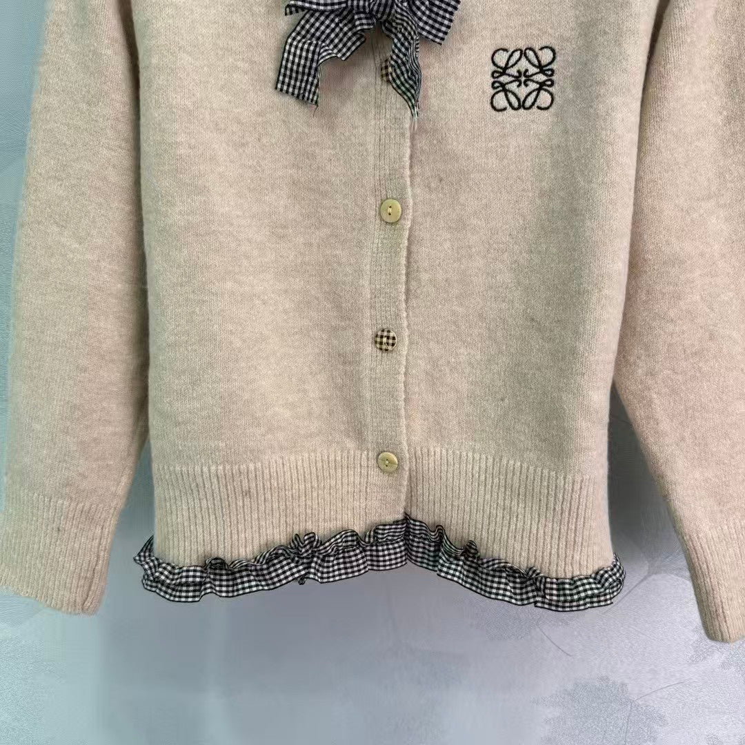 New Plaid Bow Knitted Cardigan
