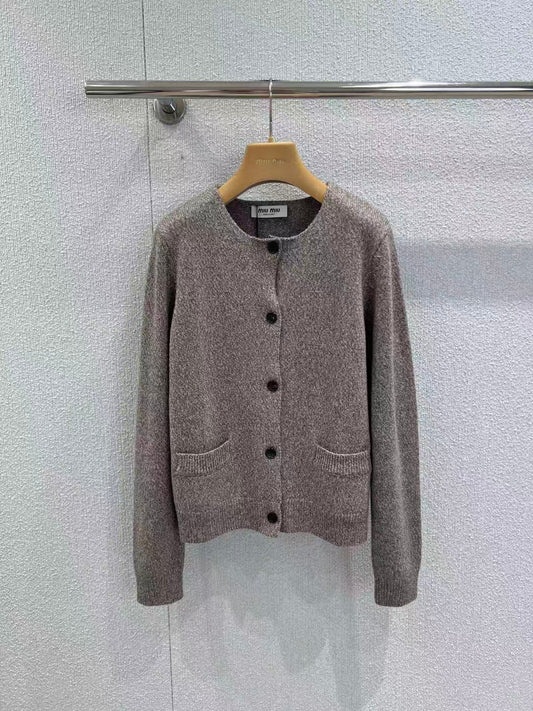 Milk tea brown round neck knitted cardigan