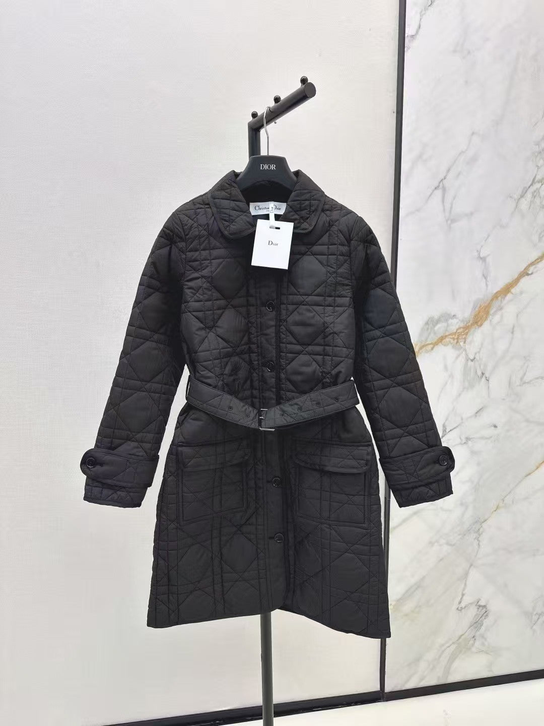 Cannage padded lapel long coat