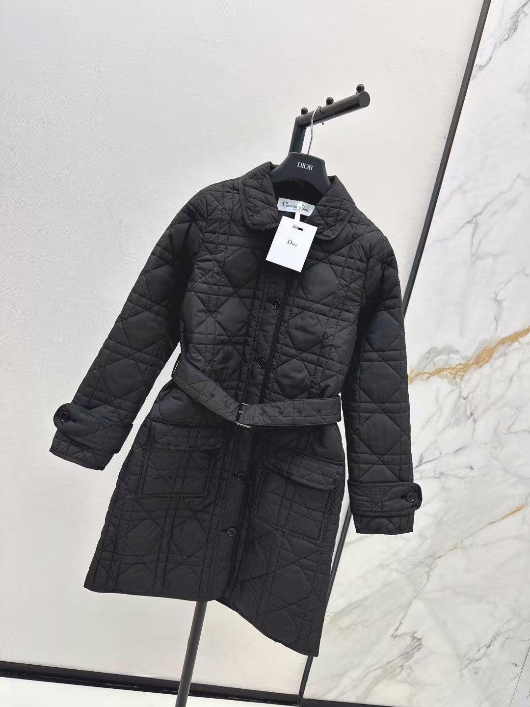 Cannage padded lapel long coat