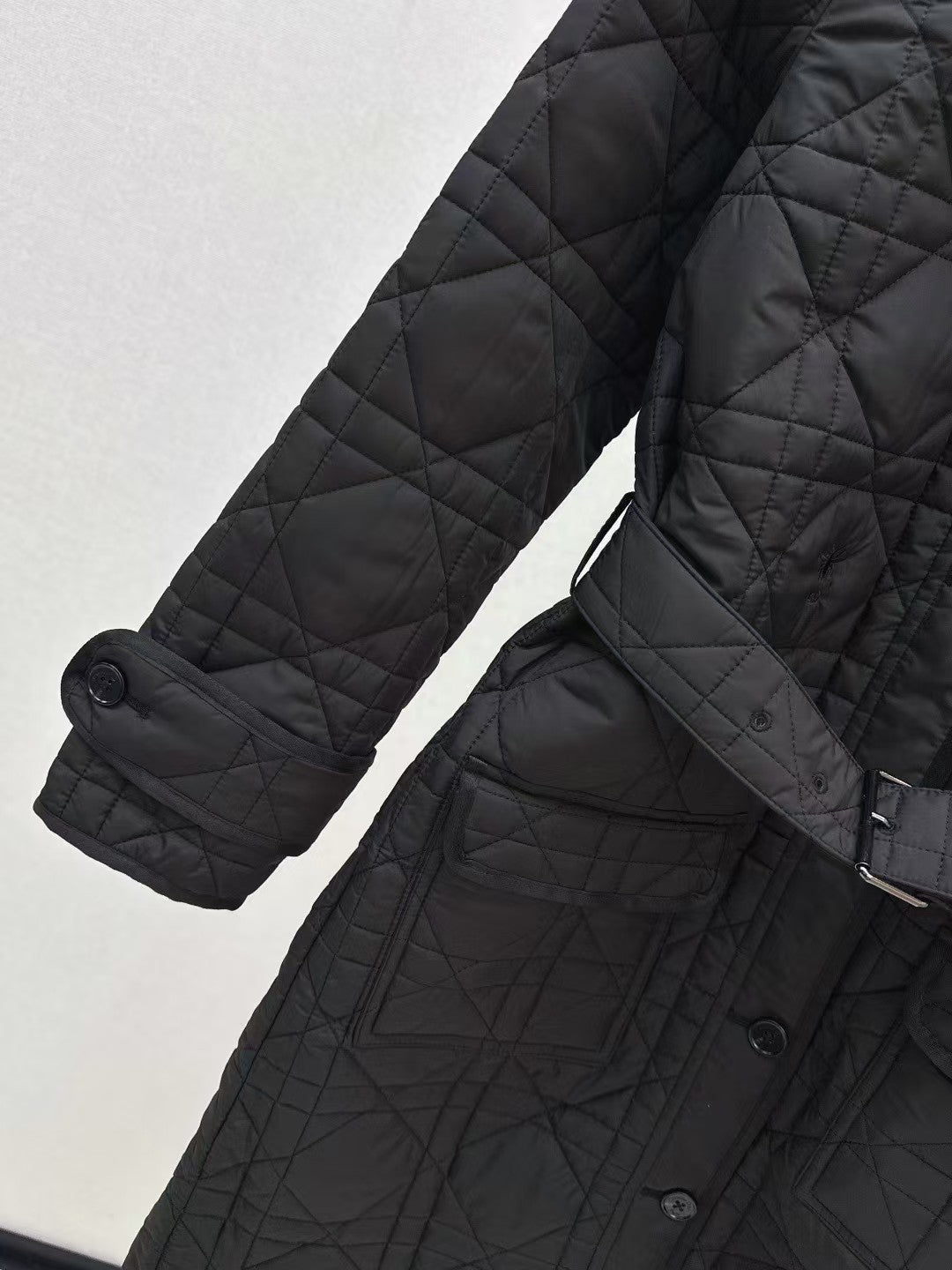 Cannage padded lapel long coat