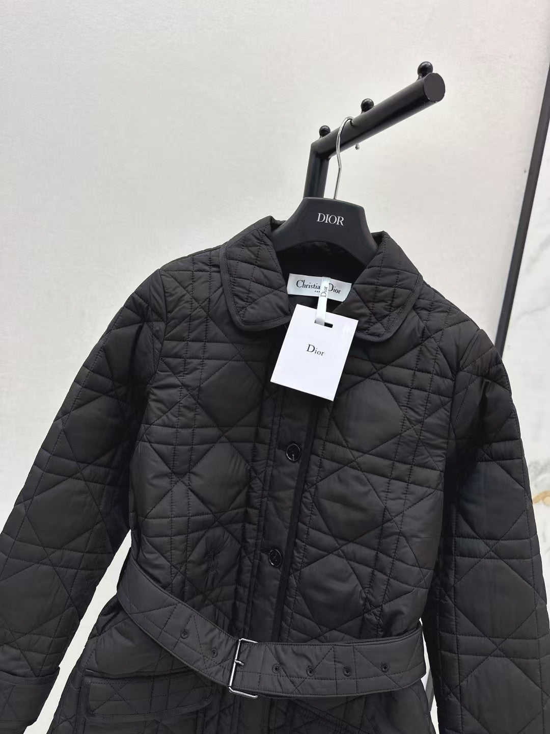 Cannage padded lapel long coat