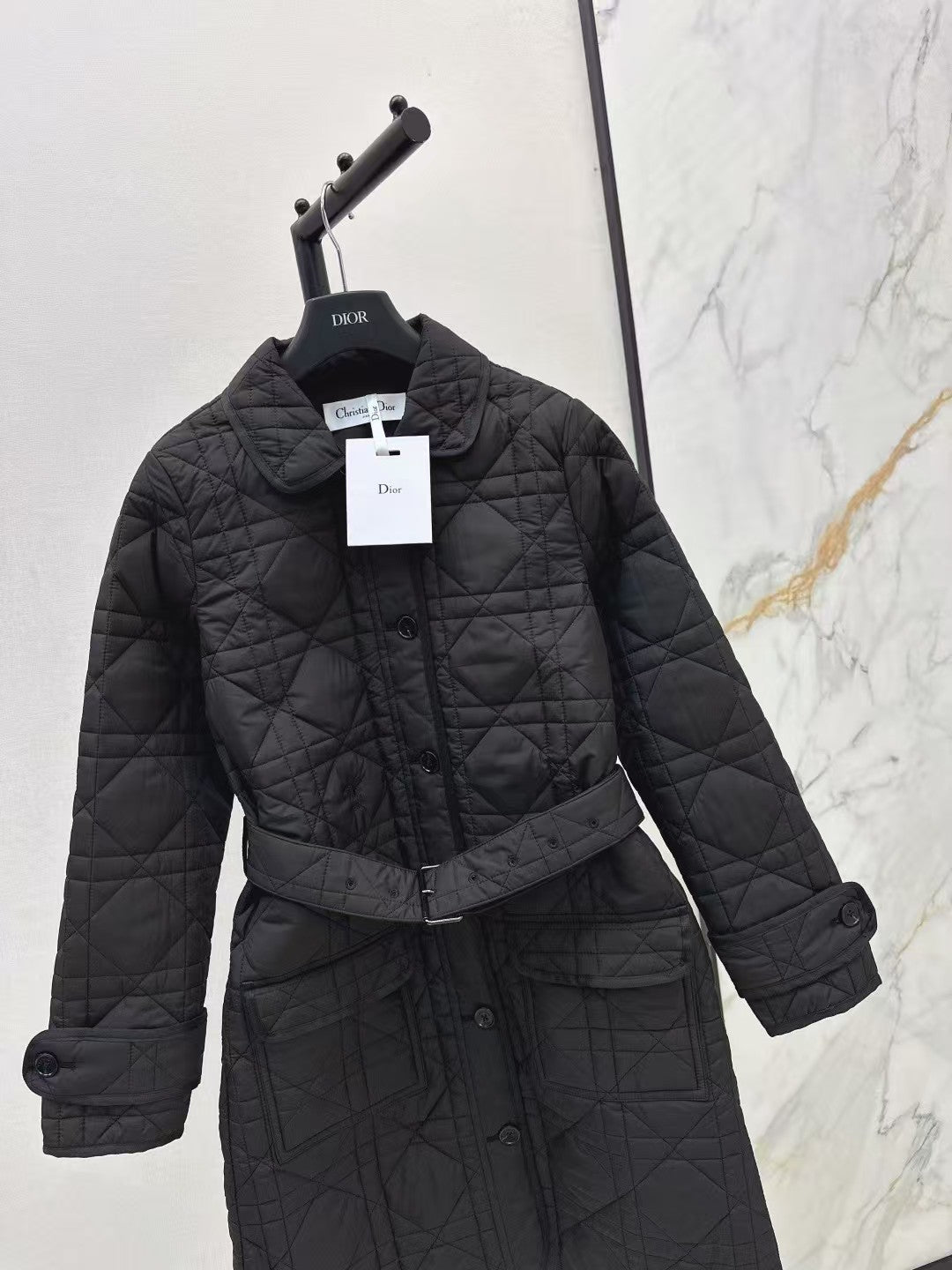 Cannage padded lapel long coat