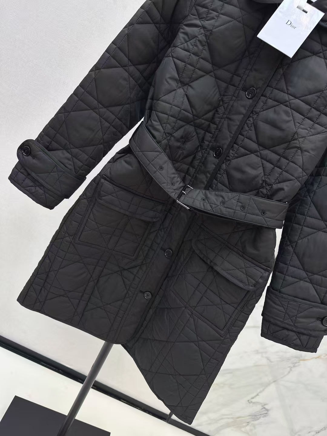 Cannage padded lapel long coat