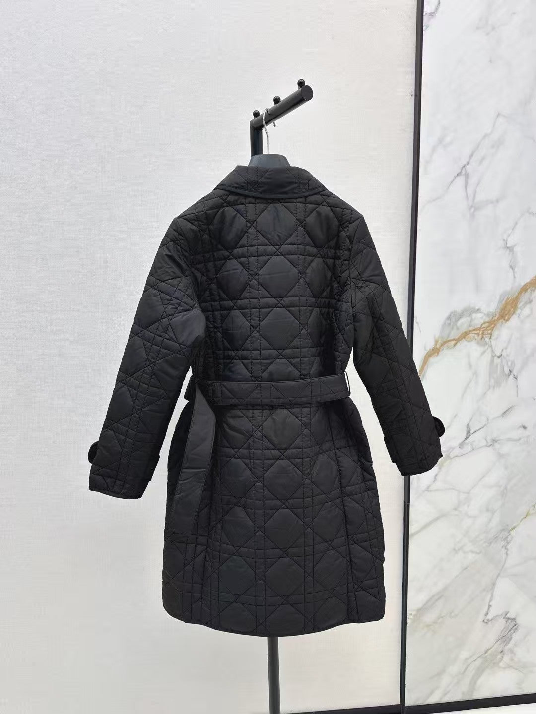 Cannage padded lapel long coat