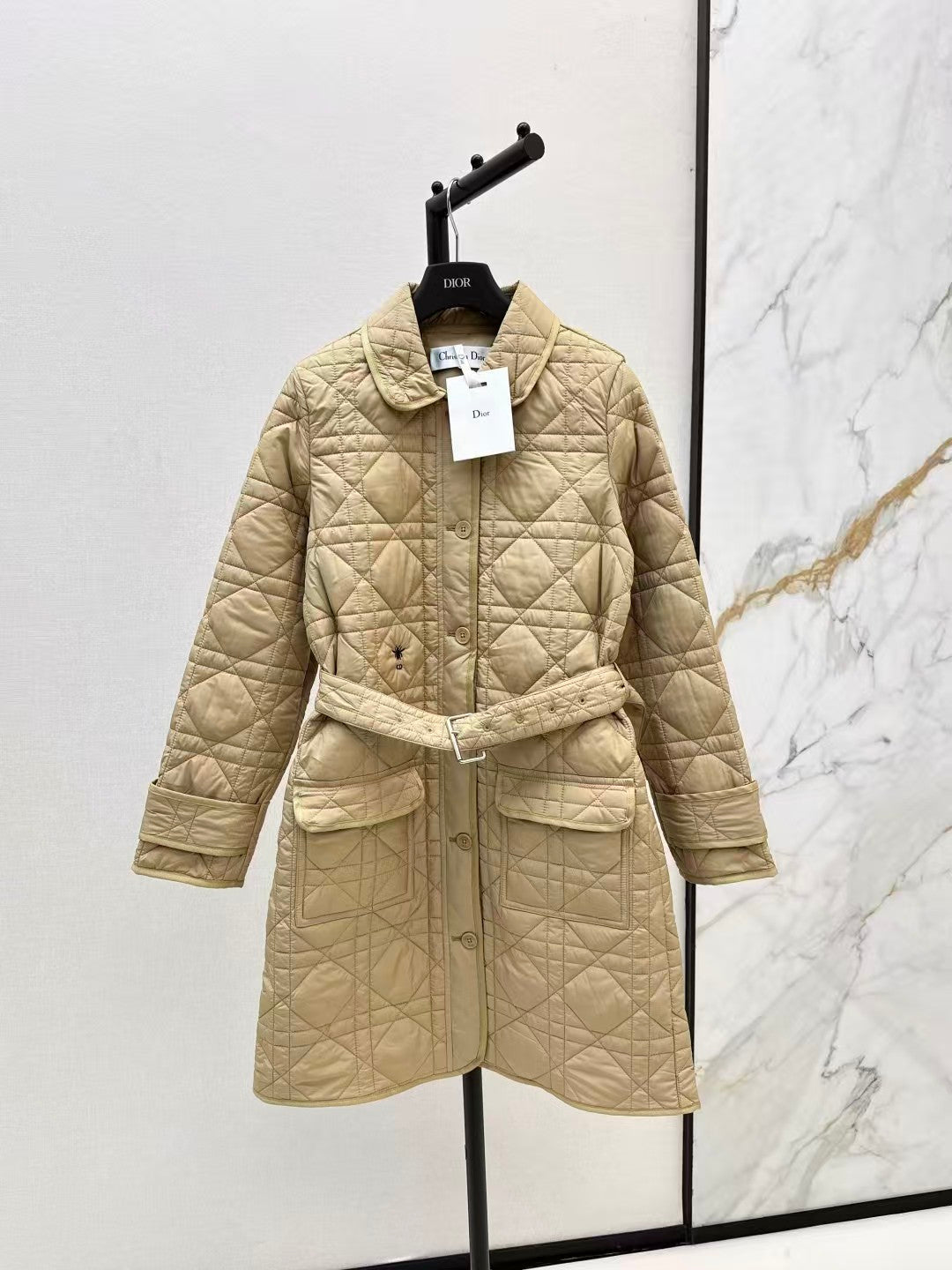 Cannage padded lapel long coat