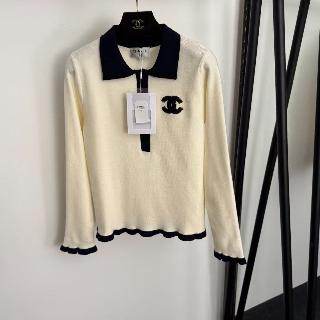Embroidered Polo Wool Knit Sweater