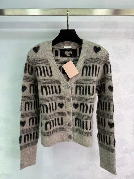 Color-blocked striped heart letter cardigan sweater