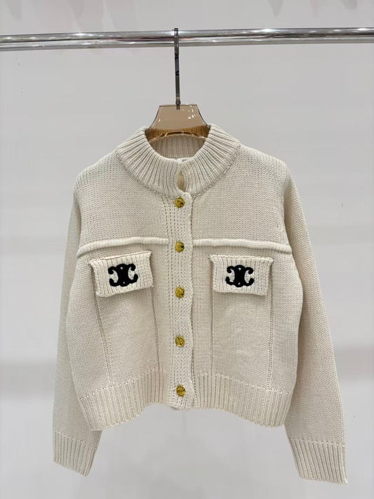 New logo embroidered inlaid metal button cardigan