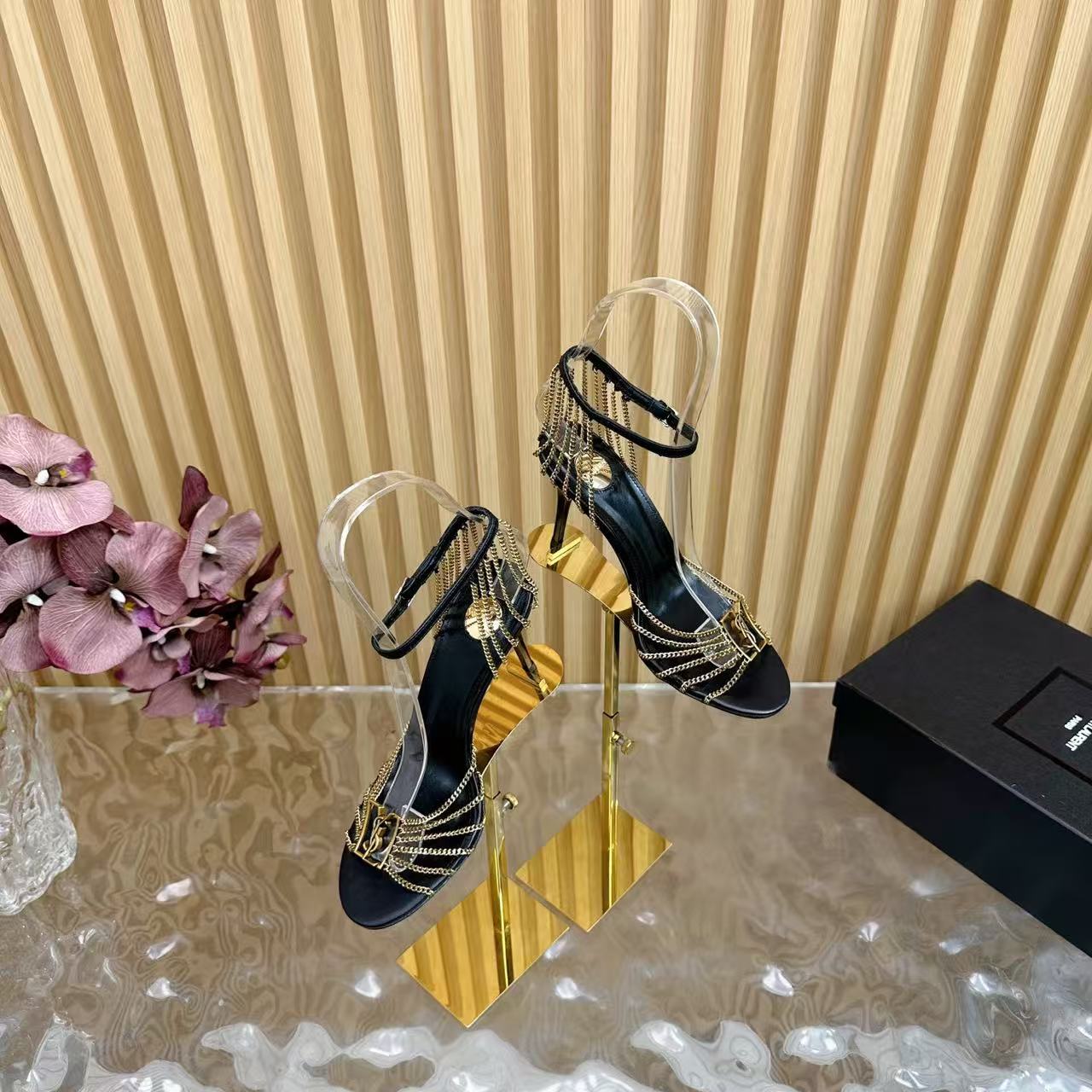 Black patent leather chain high-heeled sandals