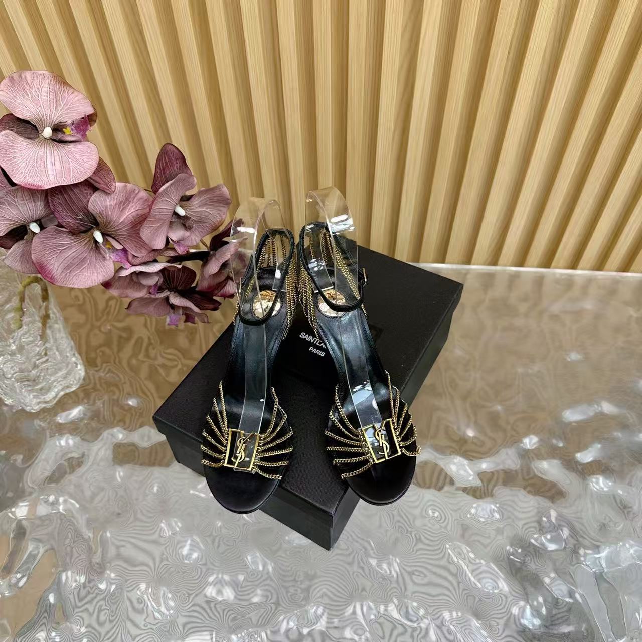 Black patent leather chain high-heeled sandals