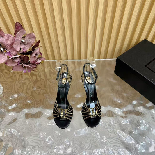 Black patent leather chain high-heeled sandals