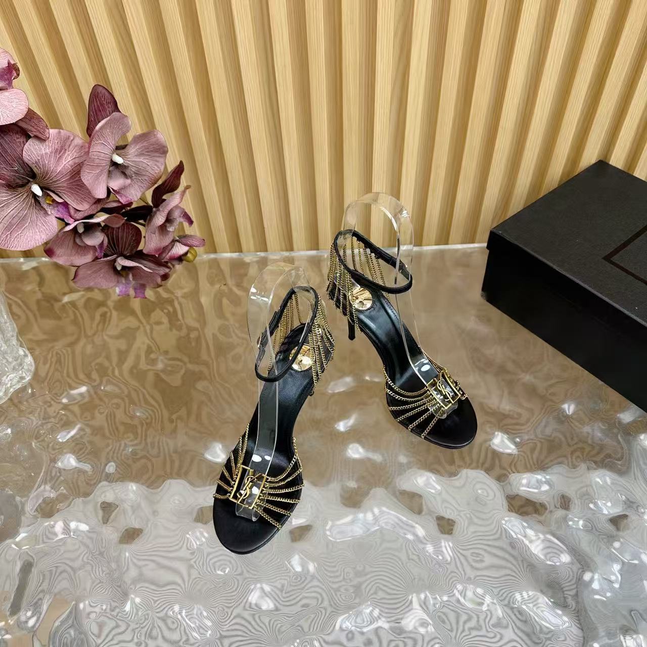Black patent leather chain high-heeled sandals