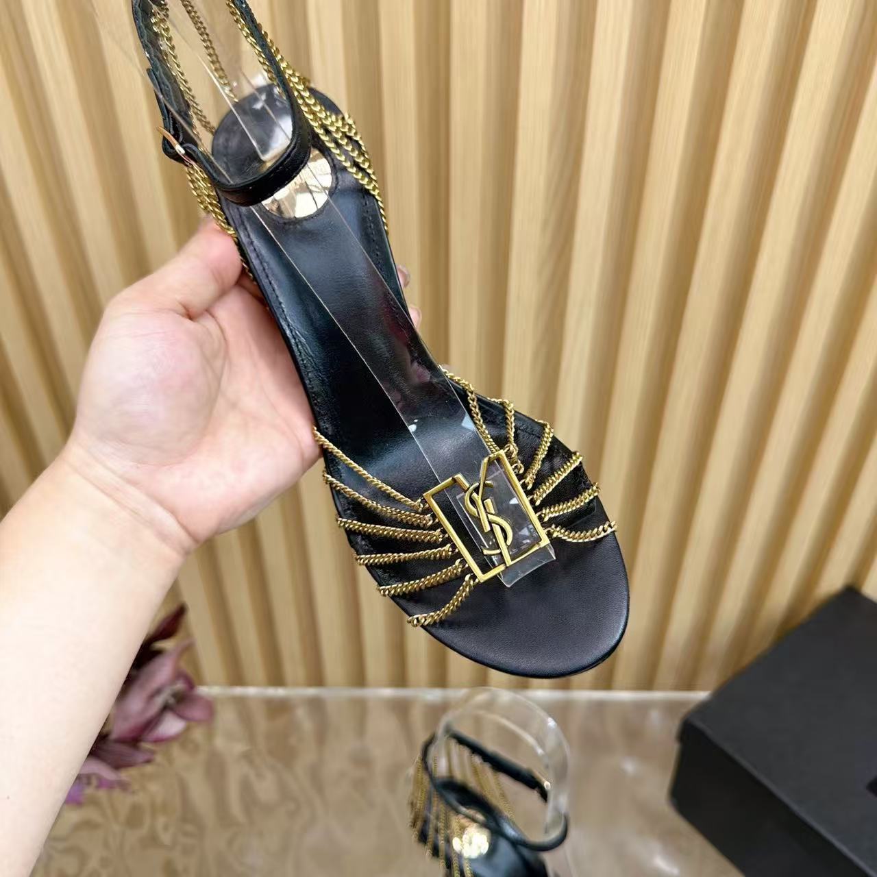 Black patent leather chain high-heeled sandals