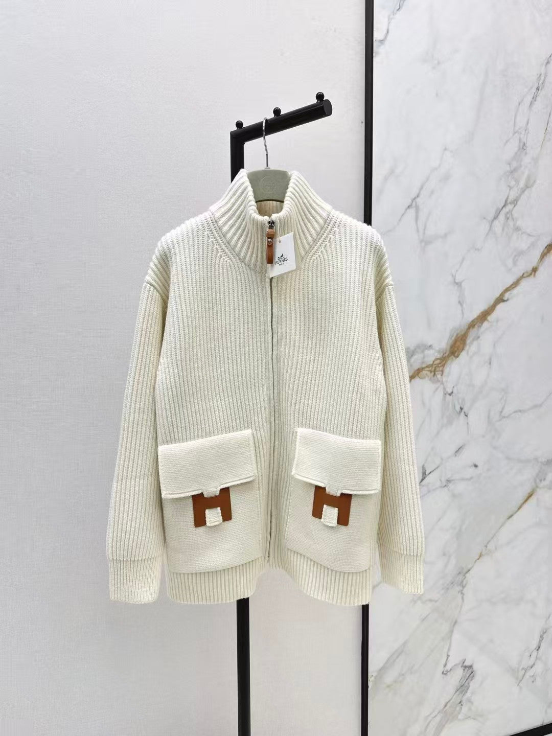 H-patterned pocket wool knit cardigan
