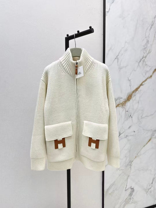 H-patterned pocket wool knit cardigan