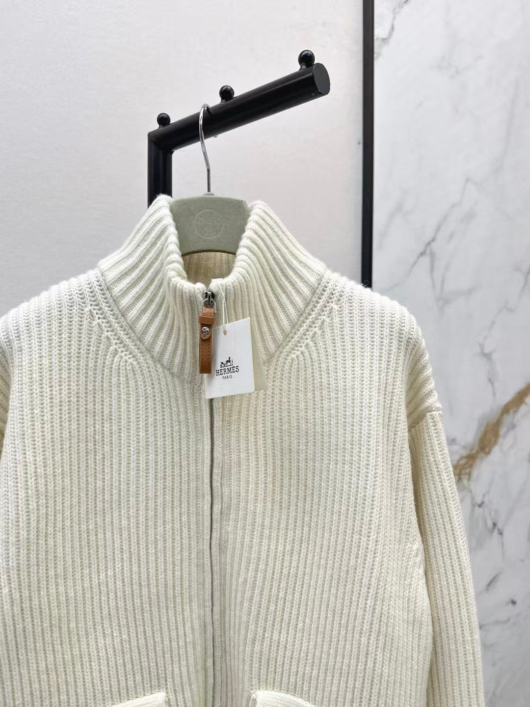 H-patterned pocket wool knit cardigan