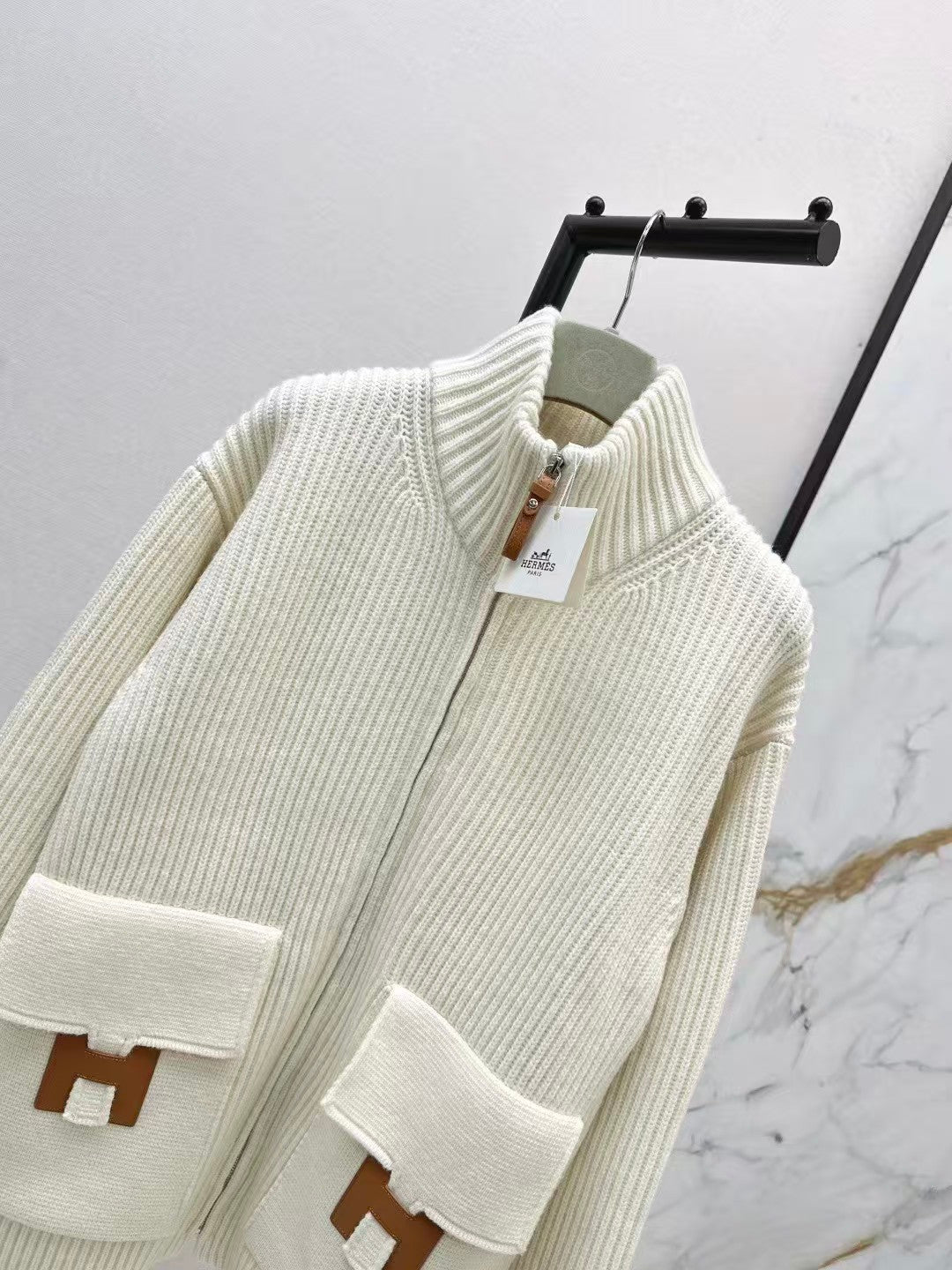 H-patterned pocket wool knit cardigan