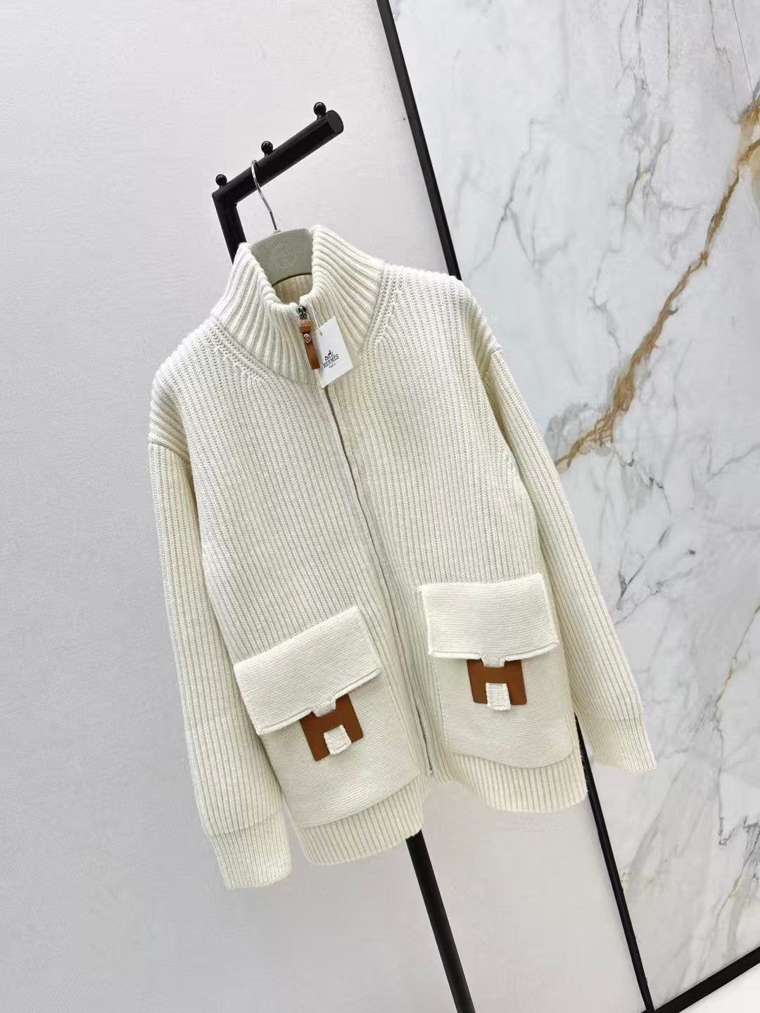H-patterned pocket wool knit cardigan