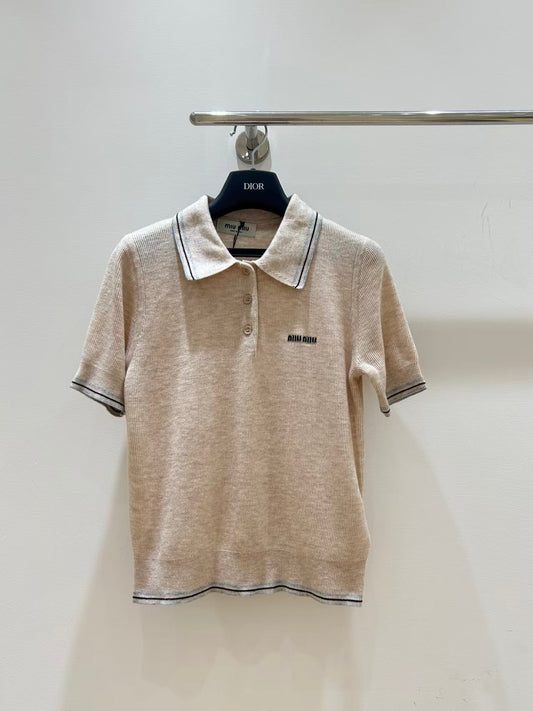 Preppy style collared knit short-sleeved top