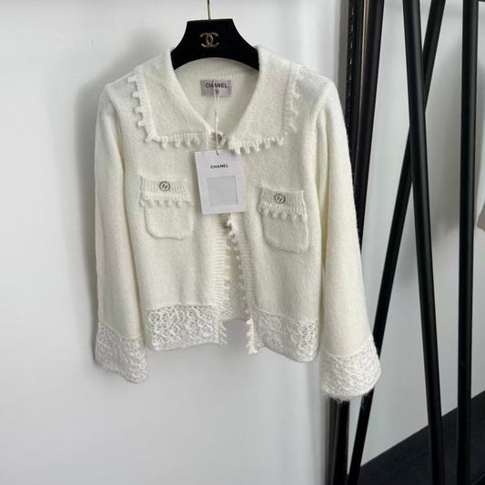 Openwork hem lapel cardigan