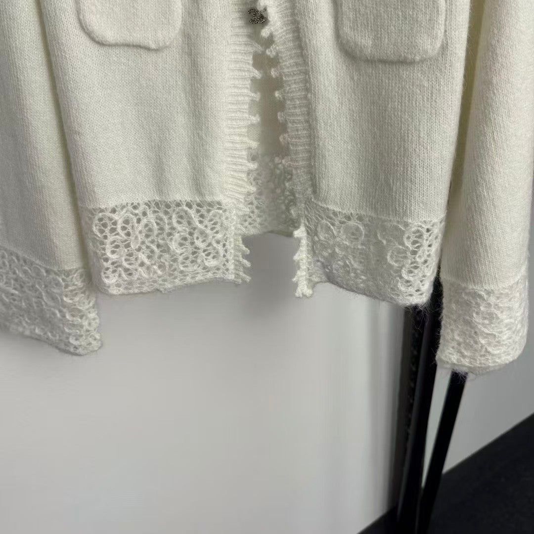 Openwork hem lapel cardigan