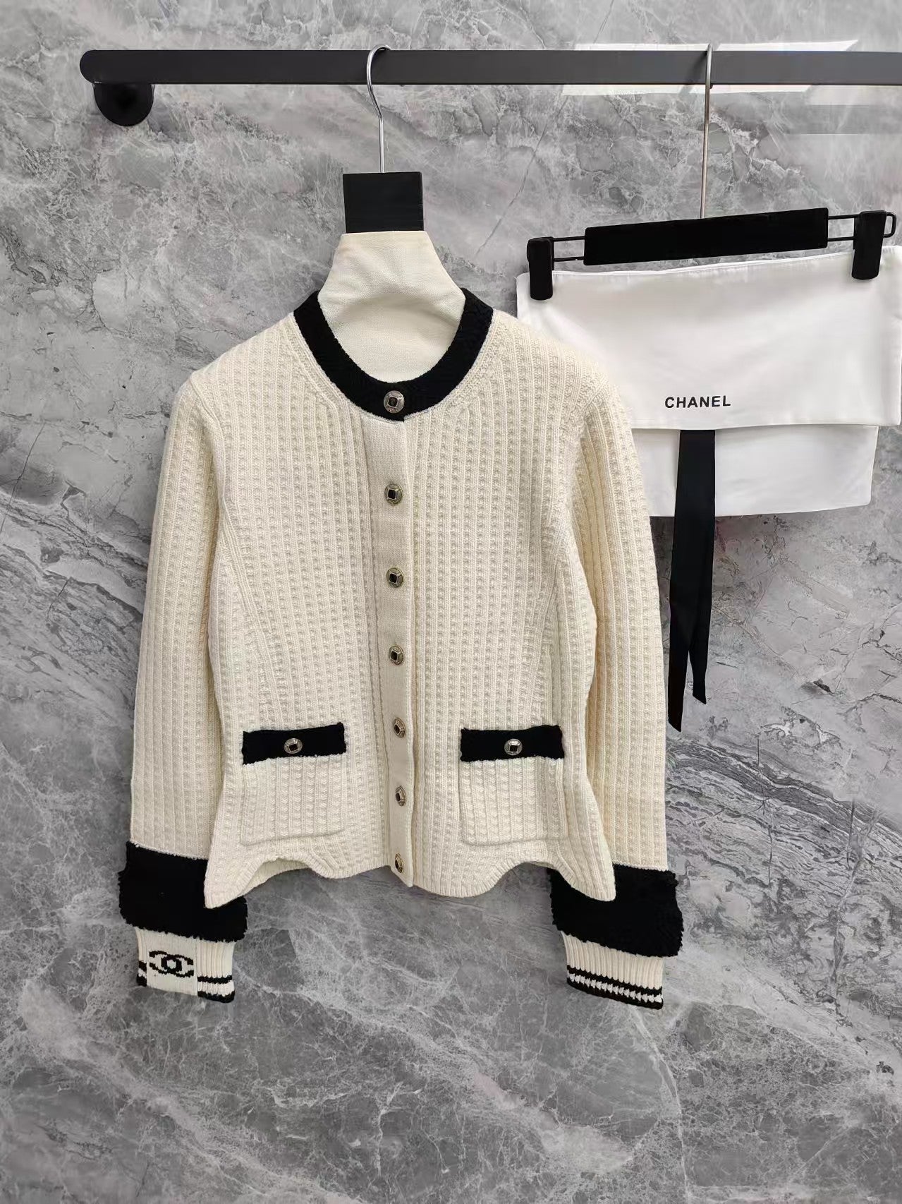 Black and white color-blocked wool knit cardigan