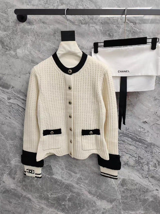 Black and white color-blocked wool knit cardigan