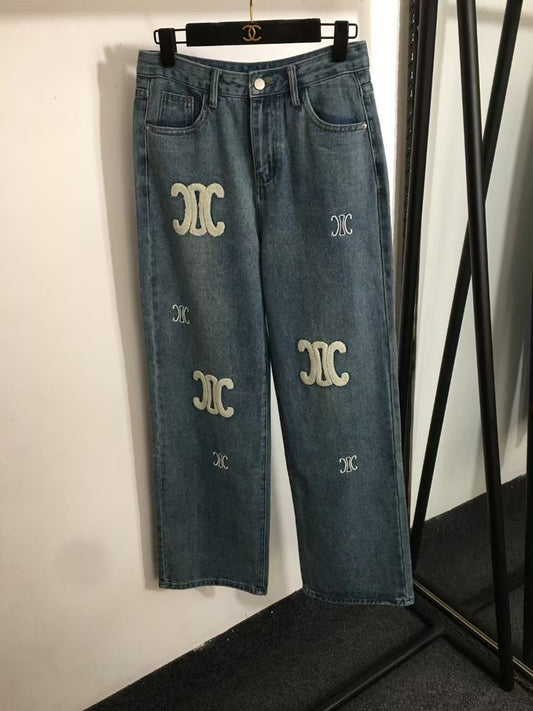 Flocked logo embroidered jeans