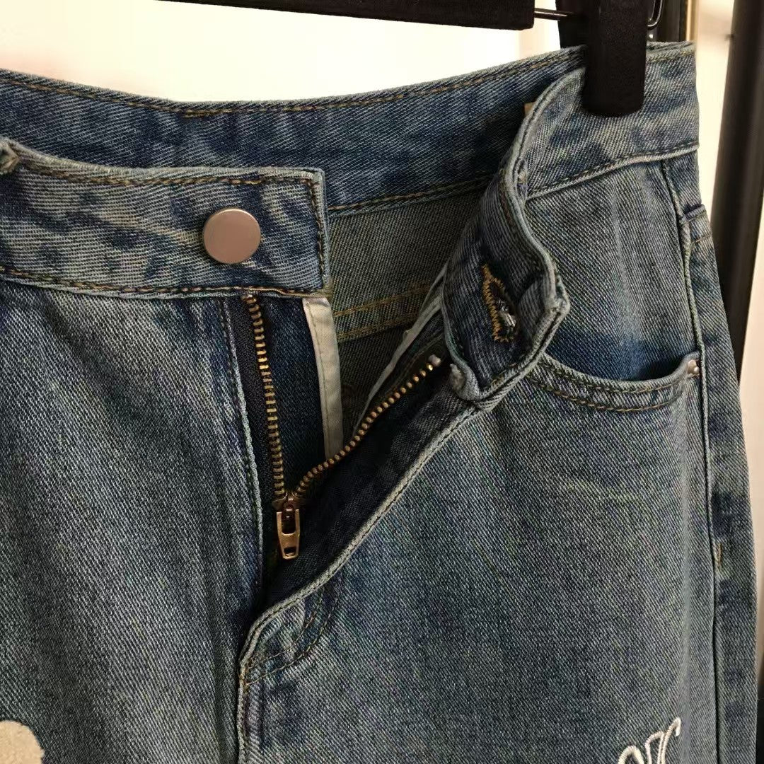 Flocked logo embroidered jeans