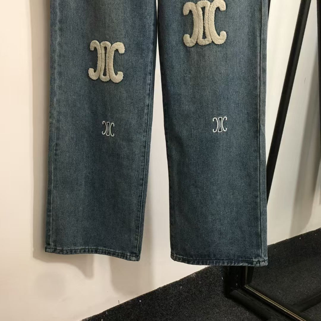 Flocked logo embroidered jeans