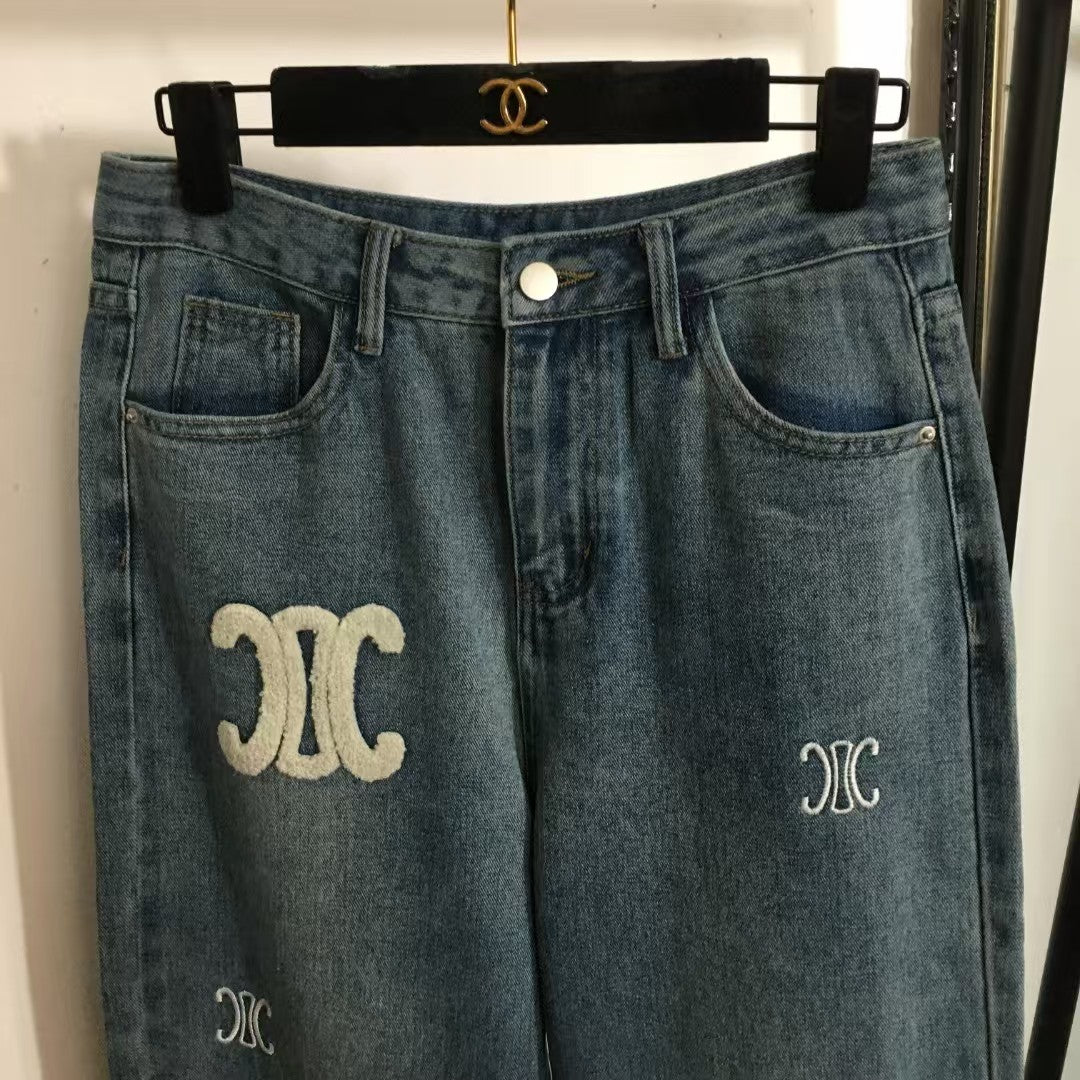 Flocked logo embroidered jeans