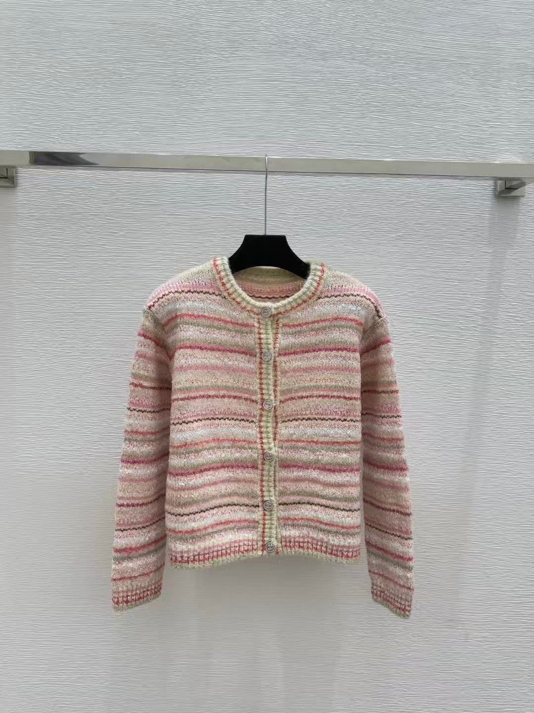 Striped crew neck knit cardigan