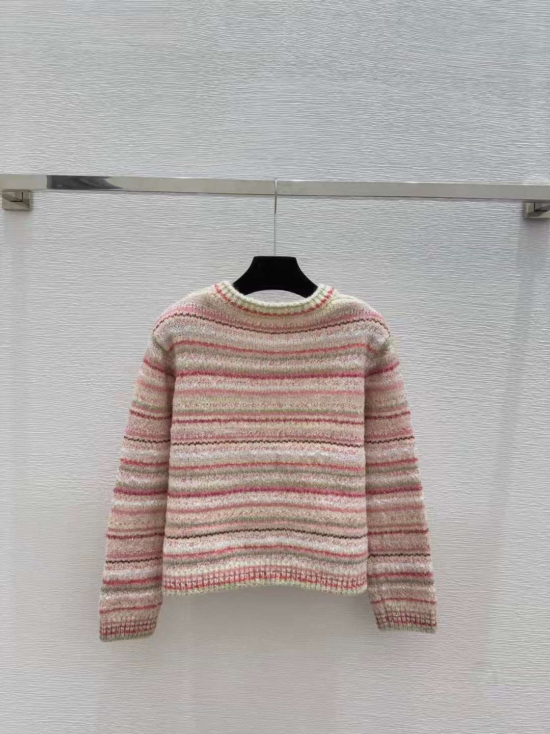 Striped crew neck knit cardigan