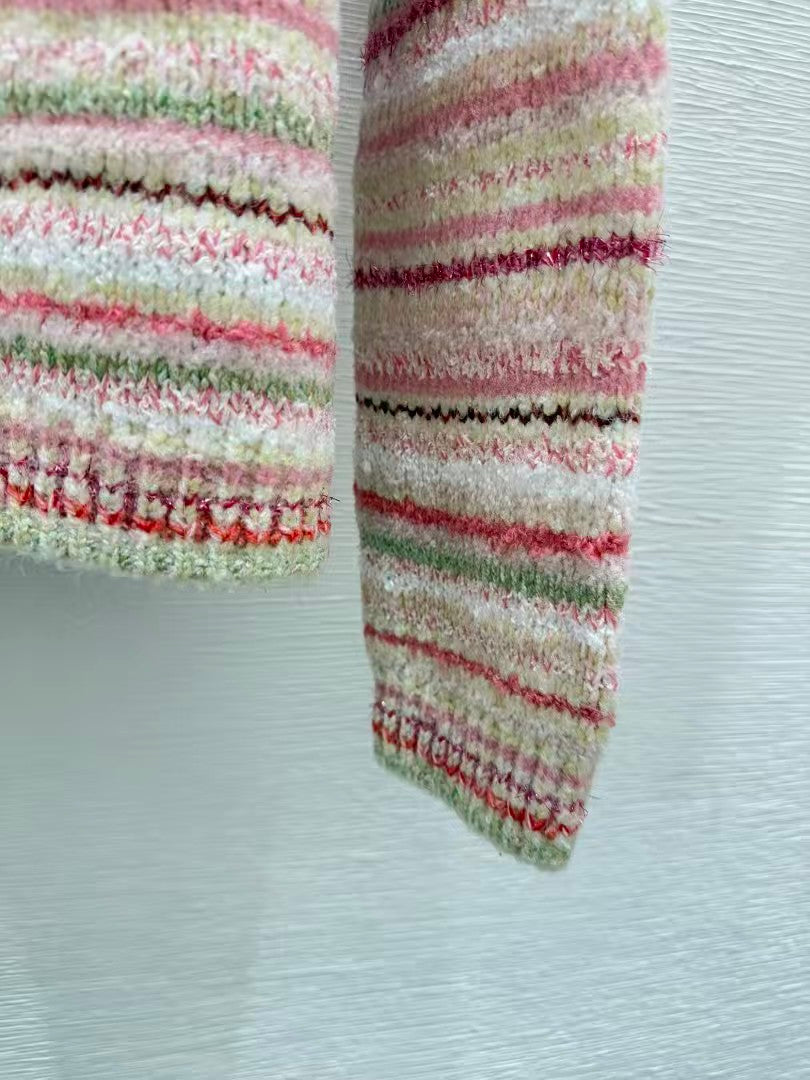 Striped crew neck knit cardigan